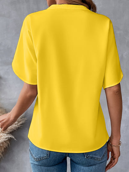 Solid Color Notch Neck Blouse, Casual Short Split Sleeve Blouse For Spring & Summer, Women's Clothing