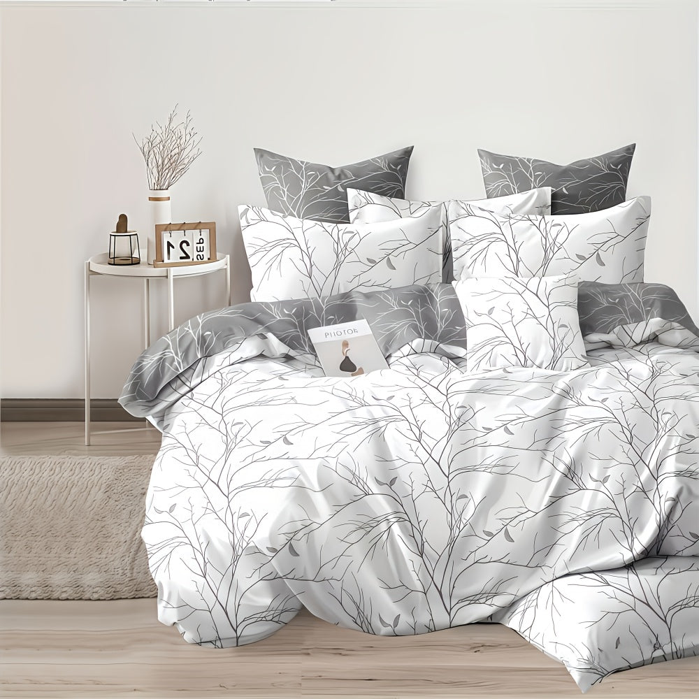 3pcs Solid Color Printed Branch Pattern Duvet Cover Set, Includes 1pc Duvet Cover and 2pcs Pillowcases Without Inserts, Zipper Closure, Machine Washable, Polyester Material - Suitable for Student Dormitory Home Bedroom