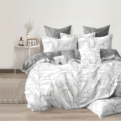 3pcs Solid Color Printed Branch Pattern Duvet Cover Set, Includes 1pc Duvet Cover and 2pcs Pillowcases Without Inserts, Zipper Closure, Machine Washable, Polyester Material - Suitable for Student Dormitory Home Bedroom