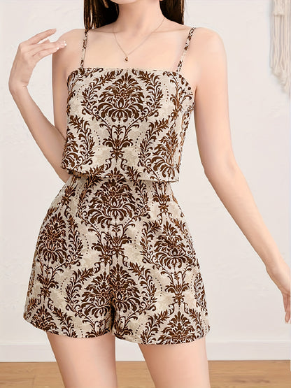 Women'S Elegant Off-Shoulder Jumpsuit - & Brown Floral Print, Backless Design, Lightweight Summer Outfit for Parties, Dates