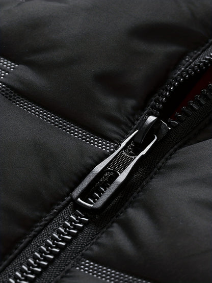 Colete térmico com capuz para homem moderno para o outono/inverno, estilo casaco casual sem mangas.
