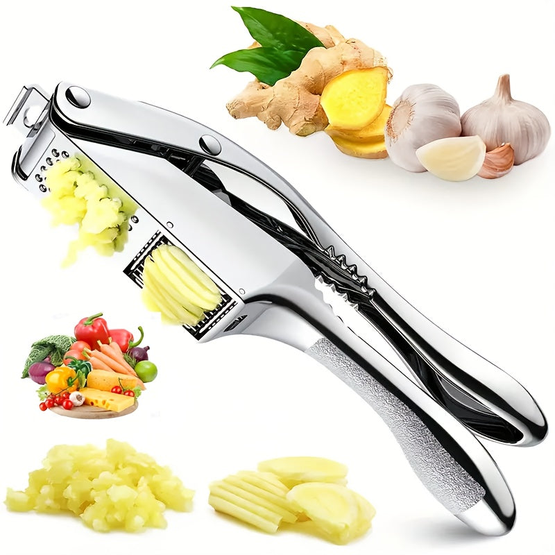 Manual Garlic Press and Slicer | Durable Metal Kitchen Tool for Efficient Mincing & Dicing | Easy-to-Clean, Multi-Use for Sauces & Marinades | Ideal for Home and Restaurant Use, Garlic Crusher