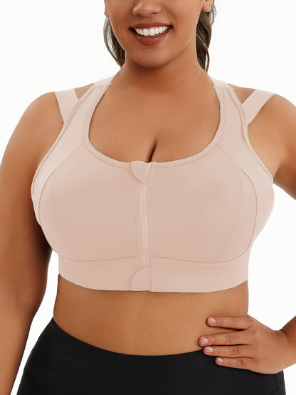 Women's Plus Size Sports Bra, Front Zip Closure, High Support Fitness Active Wear, Breathable Comfortable Lingerie, For Basketball Yoga Sports, Simple Look