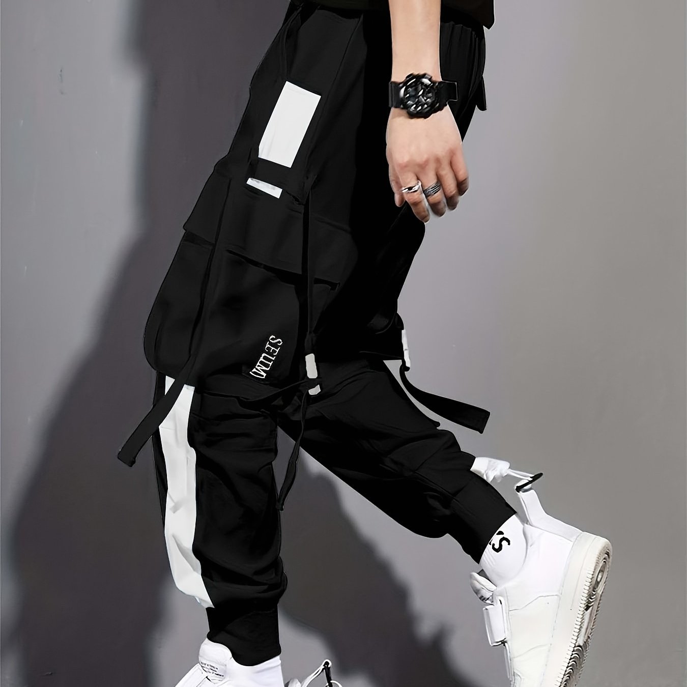 Multi-pocket Ribbon Design, Men's Color Block Cargo, Trendy Comfy Jogger Pants