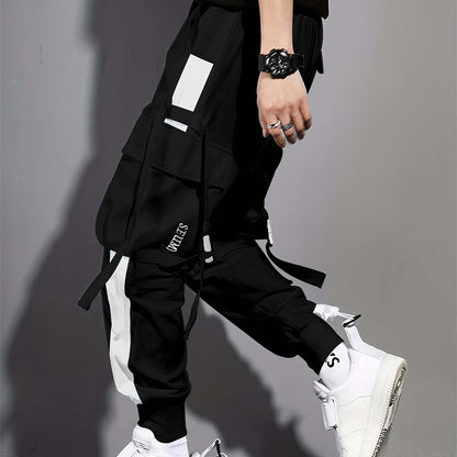Multi-pocket Ribbon Design, Men's Color Block Cargo, Trendy Comfy Jogger Pants