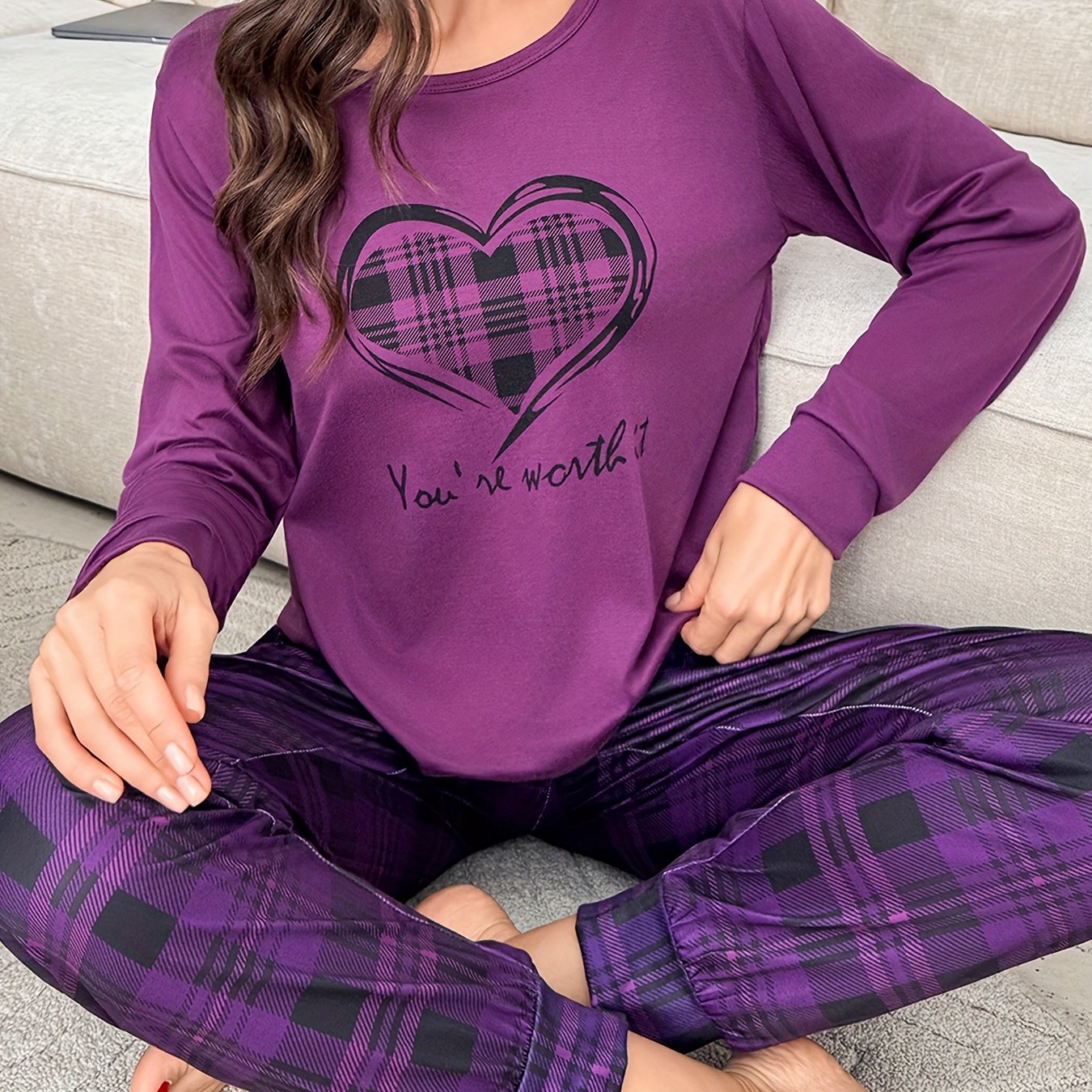 Ladies' Cartoon Cute Purple Plaid Heart Print Long Sleeve Top and Pants Casual Pajama Set for All Seasons