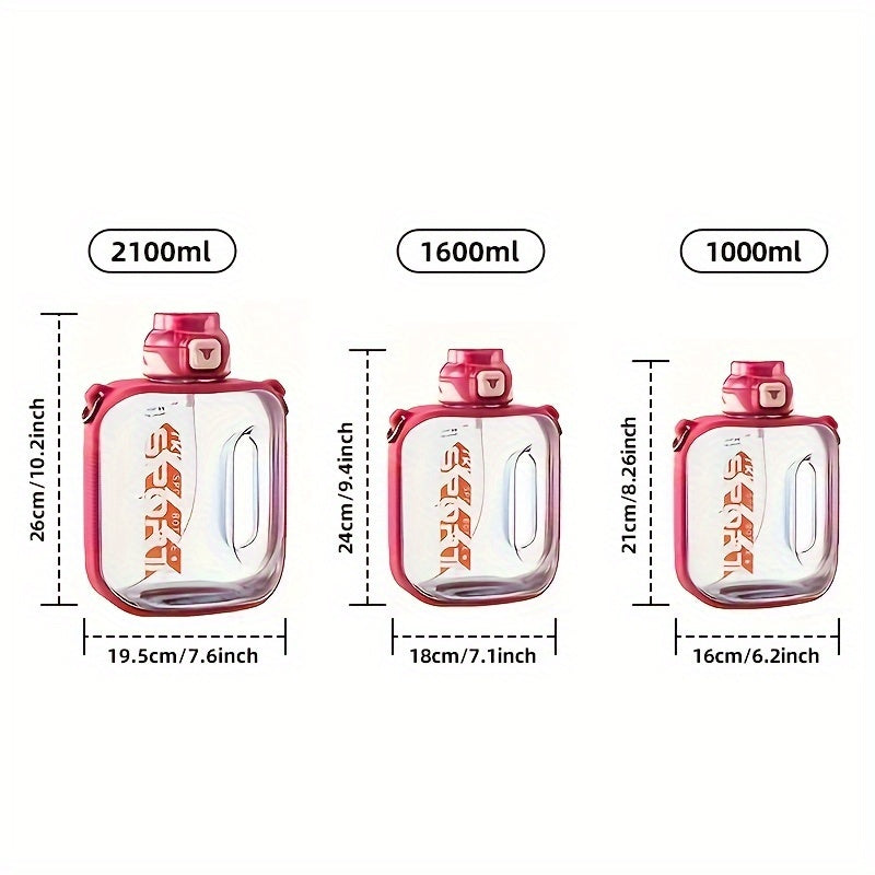 Garrafa de água de plástico com estampado de letras TKK, garrafa desportiva à prova de fugas com alça e alça de ombro, portátil para exercício e viagens.