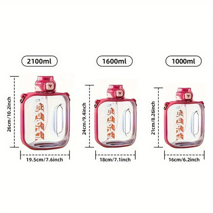 Garrafa de água de plástico com estampado de letras TKK, garrafa desportiva à prova de fugas com alça e alça de ombro, portátil para exercício e viagens.