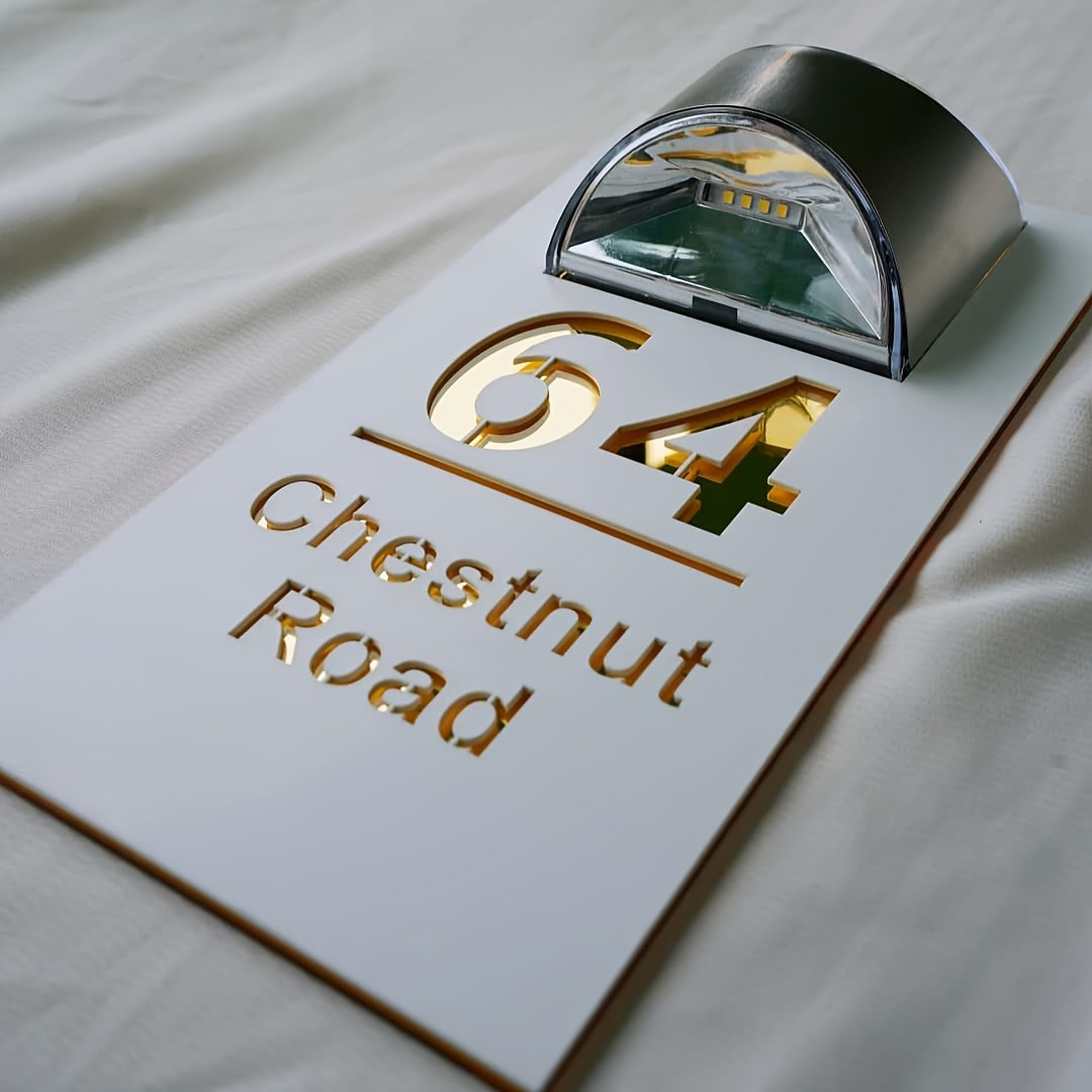 Customizable Text Solar-Powered Double-Layer Acrylic Door Sign - Golden and Silvery Dual-Layer Acrylic Design - Suitable for Companies, Homes, Apartments, Bars, etc. as Outdoor Entrance Street Address Wall Decor