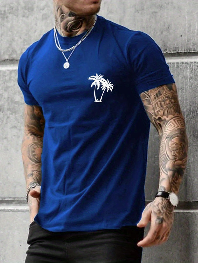 Sketch Style Palm Tree Pattern Top Casual Mid Stretch Short Sleeve Crew Neck Graphic T-shirt, Men's Tee For Summer Outdoor