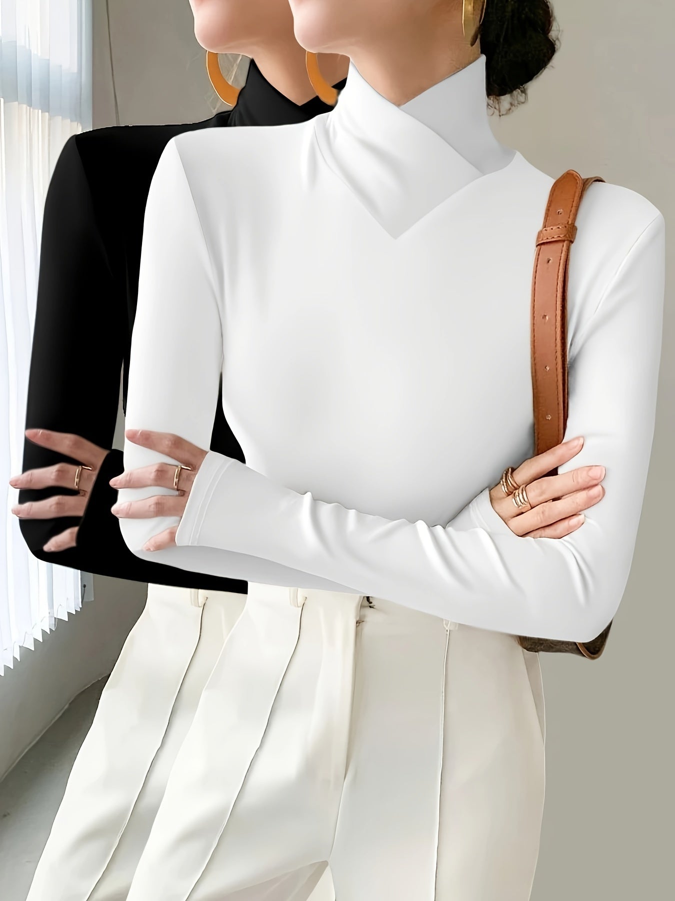 Solid Color Slim Fit Long Sleeve High Neck Pullover T-Shirt Two-Piece Set