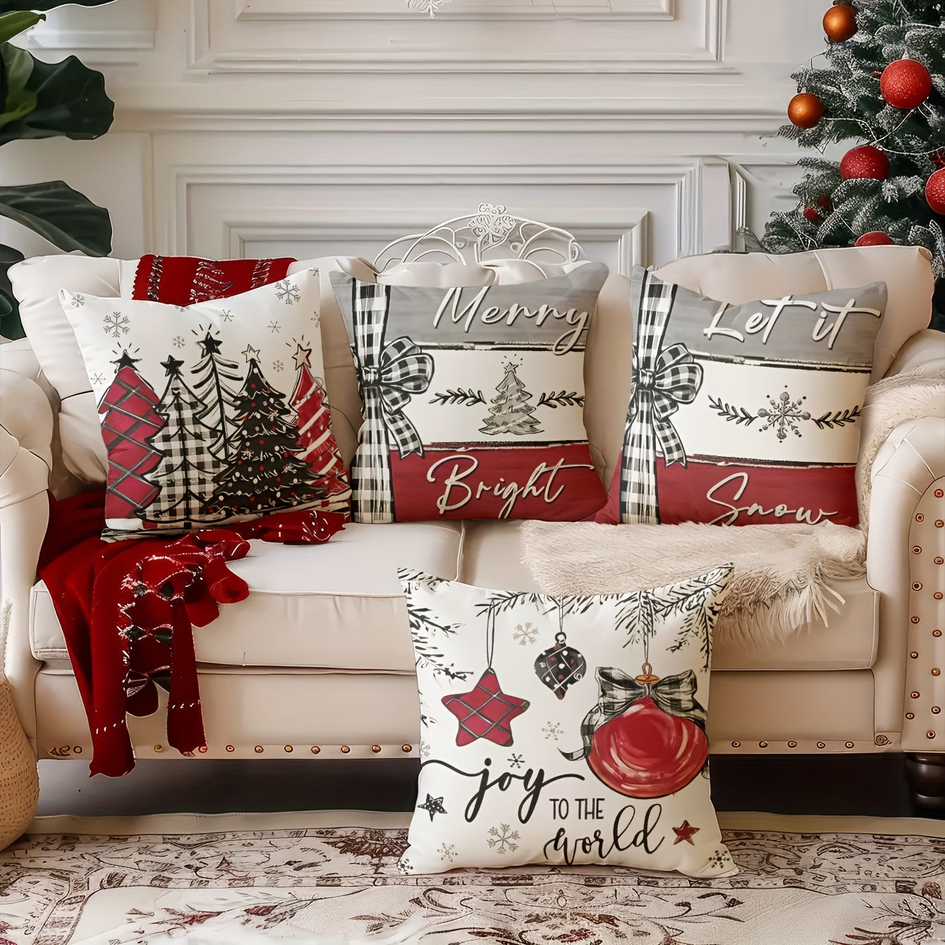 Conjunto de 4 capas de almofada de Natal, 44,96 cm x 44,96 cm, poliéster super macio, reversíveis com estampas de Pai Natal e renas, com fecho de correr - ideais para sofá, sala de estar e decoração de quarto (enchimento não incluído).