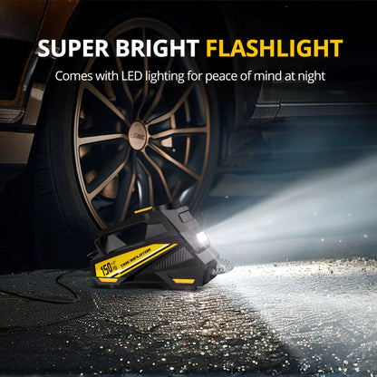 CaRSun Digital Tire Inflator, Portable Air Compressor Pump with LED Light for Cars, Motorcycles, Bicycles - DC 12V, 150 PSI, Black & Yellow Design, Plug-In Power Supply, No Battery Required, Bicycle Tire Inflator | Sleek Port