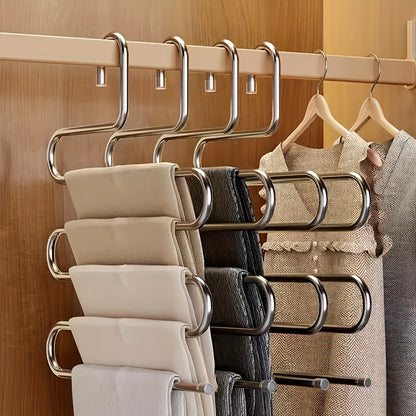 5-Tier Stainless Steel S-Shaped Pants Hanger - Non-Slip, Space-Saving Multi-Layer Jeans and Trousers Organizer with Polished Finish, Durable Metal Wardrobe Storage Solution for Neat Closet Organization