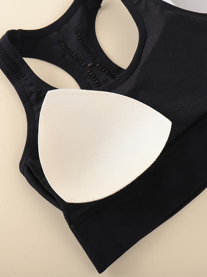 3pcs Solid Racer Back Sports Bra, Sporty Comfy Push Up Bra, Women's Lingerie & Underwear