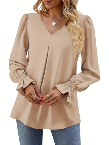 Solid V Neck Simple Blouse, Elegant Long Sleeve Ruched Blouse, Women's Clothing