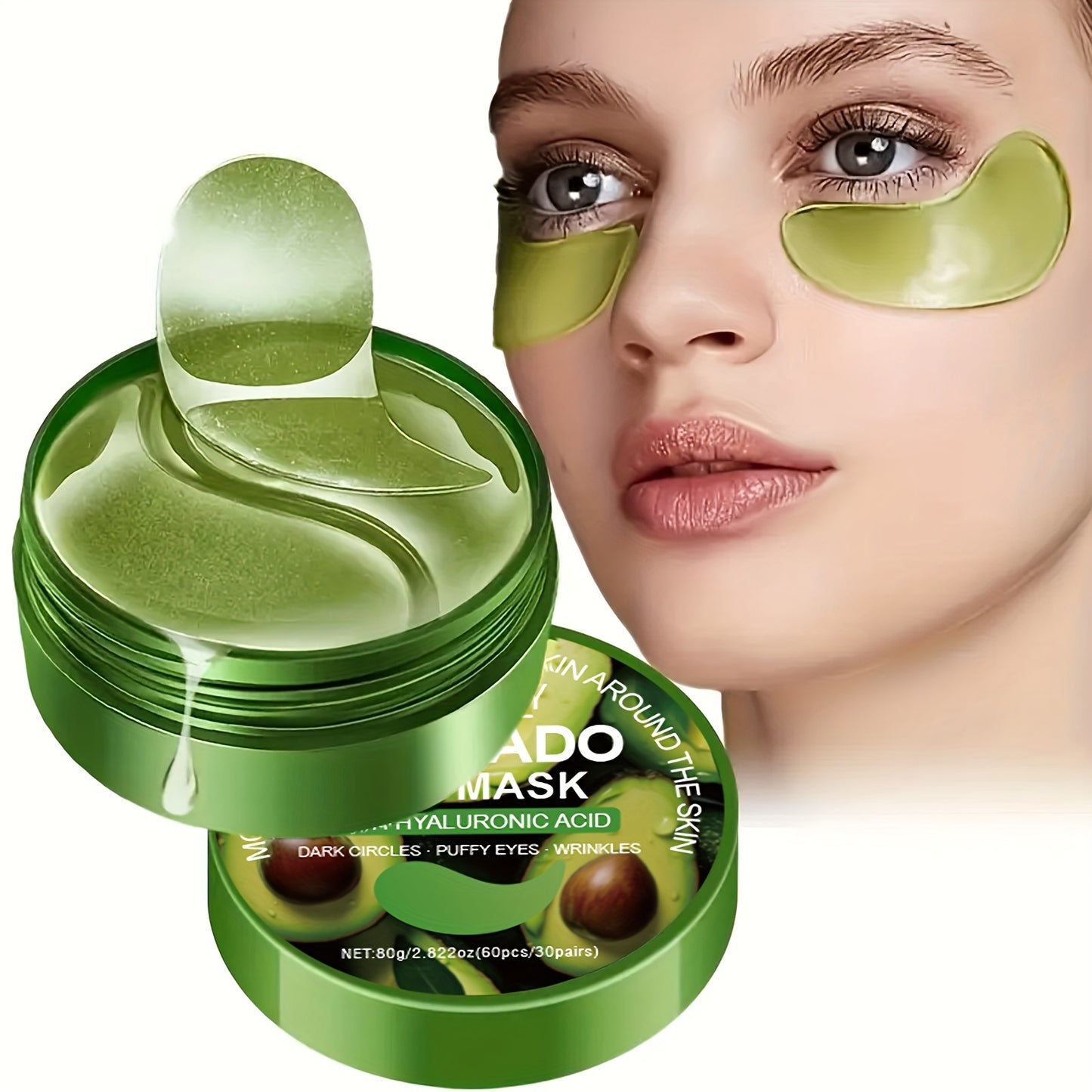 60pcs Avocado & Hyaluronic Acid Eye Masks - Intense Hydration & Brightening, Puffiness Reduction, Dark Circles & Wrinkles, Hypoallergenic for All Light Beige Types, Unisex Skincare, Avocado Eye Mask, Sleek Packaging, Natural