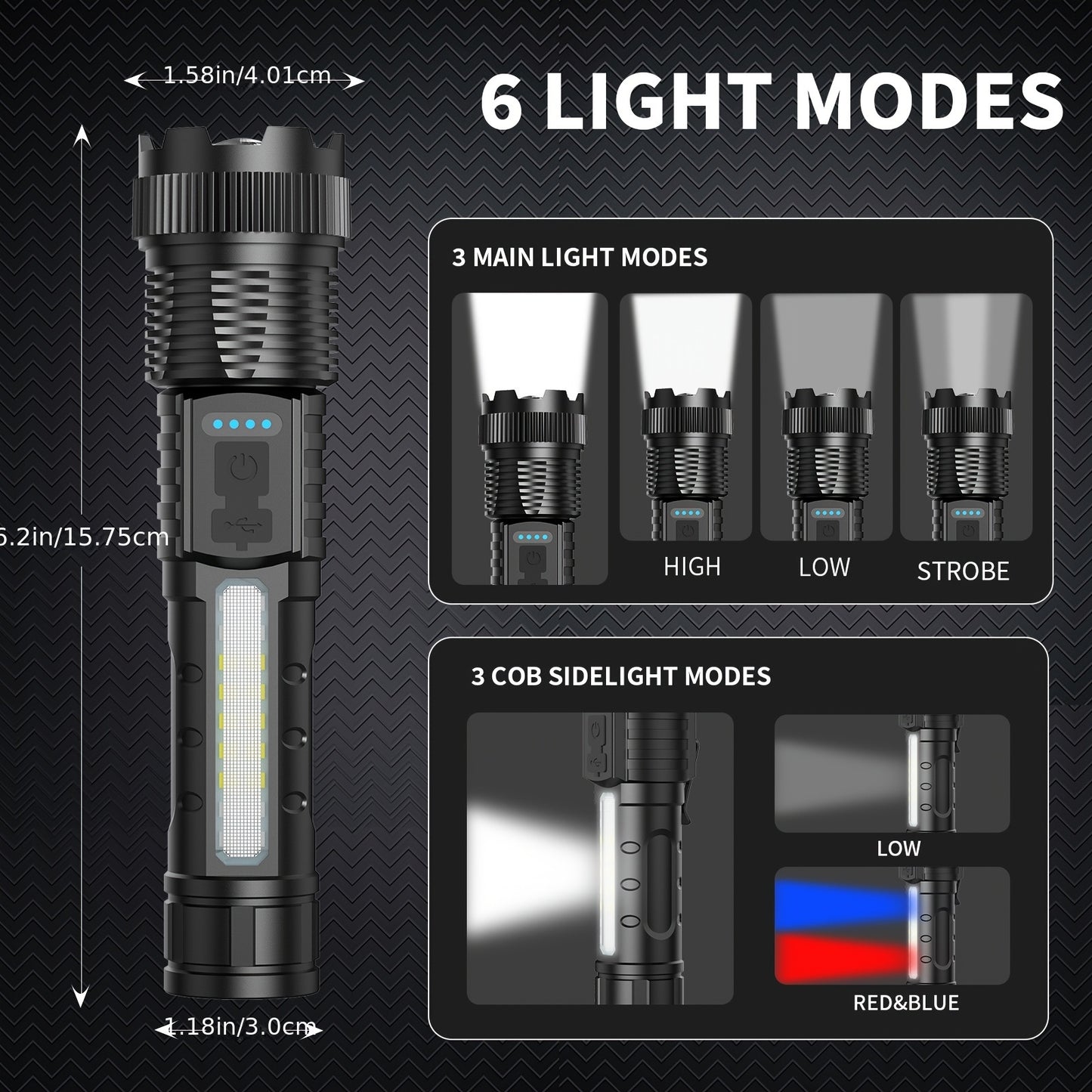 2pcs Flashlights High Lumens Rechargeable LED with USB-C, 6 Light Modes, Zoomable & USB-C Cable Included, USB-Powered Handheld Torch for Camping, Emergency, Outdoor - Buy 1 Get 1 Free (Cob Side Light, Flash, Survival Gadgets,