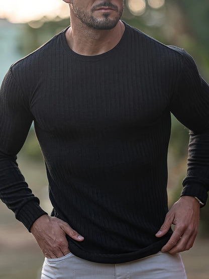 Ribbed Men's Casual Stretch Breathable Lightweight Long Sleeve Round Neck T-shirt For Spring Fall, Running Training