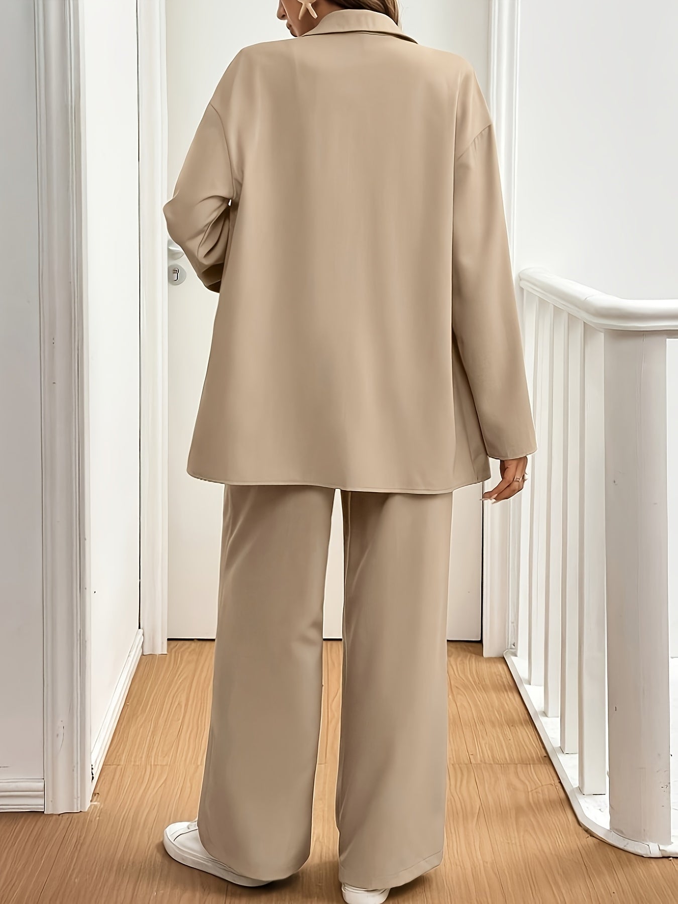 Autumn Top + Pants Set: Women's Solid Color Button-Up Shirt and Wide-Leg Flare Pants, Long Sleeve Outfit for Work Casual Wear