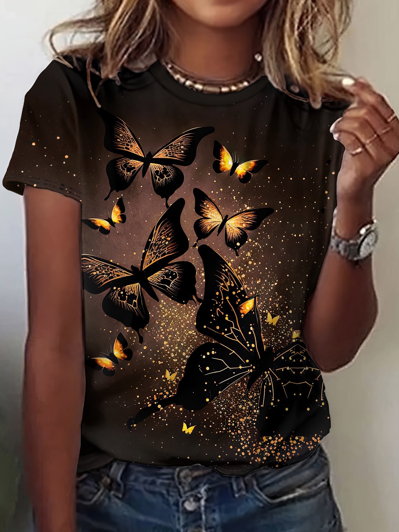 Butterfly Print T-shirt, Short Sleeve Crew Neck Casual Top For Summer & Spring, Women's Clothing