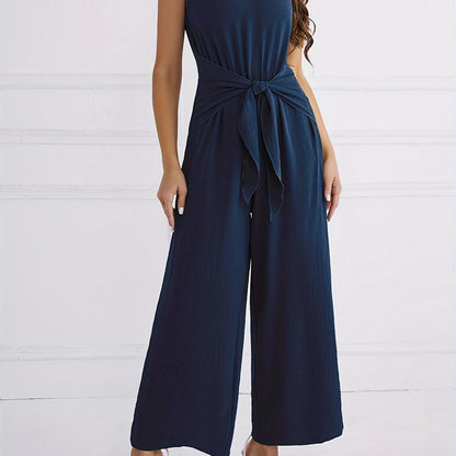 V Neck Knotted Jumpsuit, Casual Wide Leg Sleeveless Jumpsuit For Spring & Summer, Women's Clothing