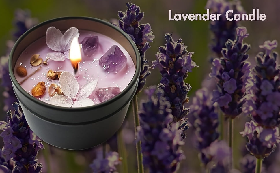 Elegant Lavender Scented Candle in Black Tin - Aesthetic Purple Crystals & Petals Design, Soft Fragrance Natural Soy Wax - Ideal for Relaxation & Home Decor, Perfect Women's Gift, Relaxation Candle|Spa Atmosphere Candle|Black