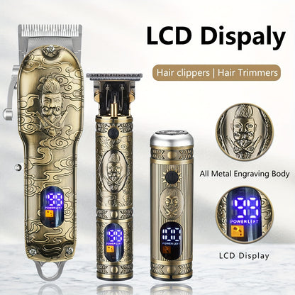 Hair Clippers For Men, Professional Cordless Barber Trimmer Set, T-Blade/Nose Hair/Beard Trimmer Set, USB Rechargeable Hair Cutting Grooming Kit, LCD Display, Holiday Gifts For Men/Dad