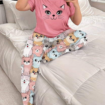 Women's Plus Size Cartoon Cute Cat Pajama Set