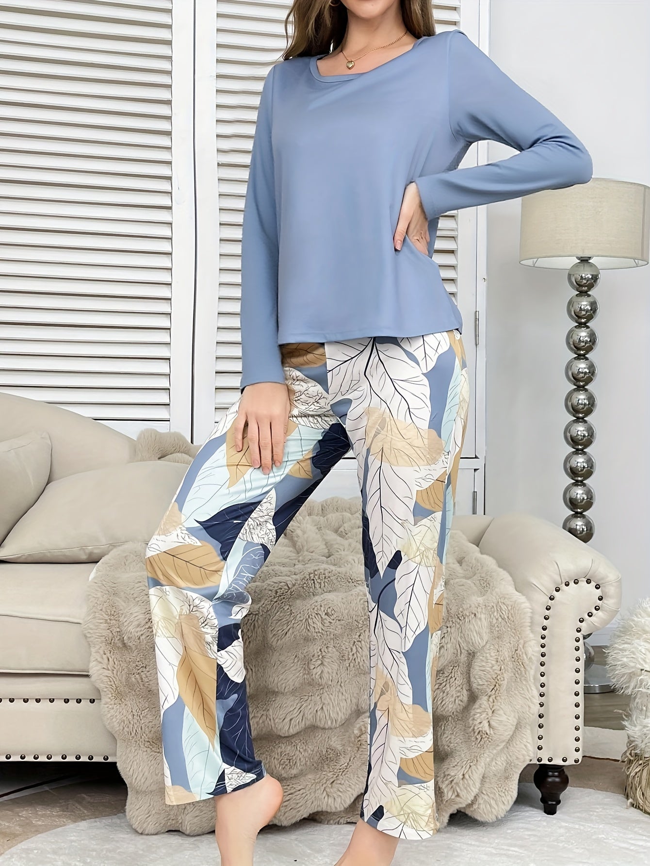 Women's Pajama 2pcs Set, Casual Fall/Winter Sleepwear, Comfortable Home Loungewear, Loose Round Neck Long Sleeve Top and Elastic Waistband Pants, Elegant Holiday Wear, Perfect Gift Choice