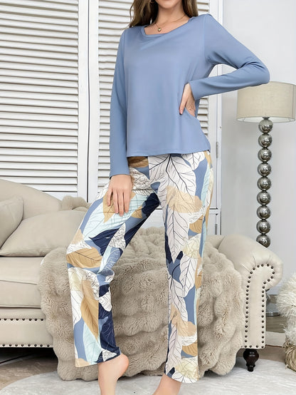 Women's Pajama 2pcs Set, Casual Fall/Winter Sleepwear, Comfortable Home Loungewear, Loose Round Neck Long Sleeve Top and Elastic Waistband Pants, Elegant Holiday Wear, Perfect Gift Choice
