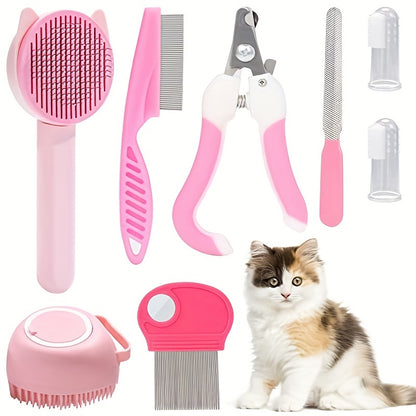 Kit de Higiene Felina 5 em 1 com 8 peças, incluindo escova autolimpante, corta-unhas, pente, escova para remoção de pelos mortos e escova de dentes - Mantenha o seu felino limpo, saudável e feliz.