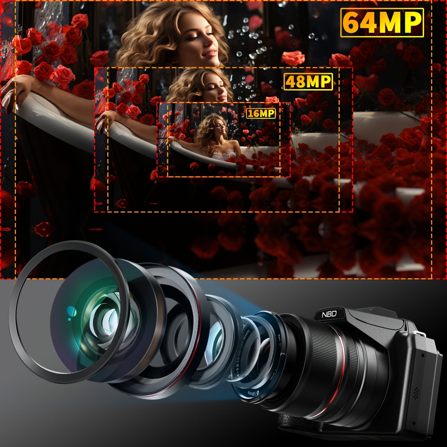 NBD 5K&64MP Digital Cameras for Photography, 16X Optical Zoom Camera with WiFi & App Control, Vlogging Camera with 180°Flipable 3-inch Screen, 2 Batteries, Camera Strap&32GB Card, Lightweight Camera, Wifi Camera, Camera For