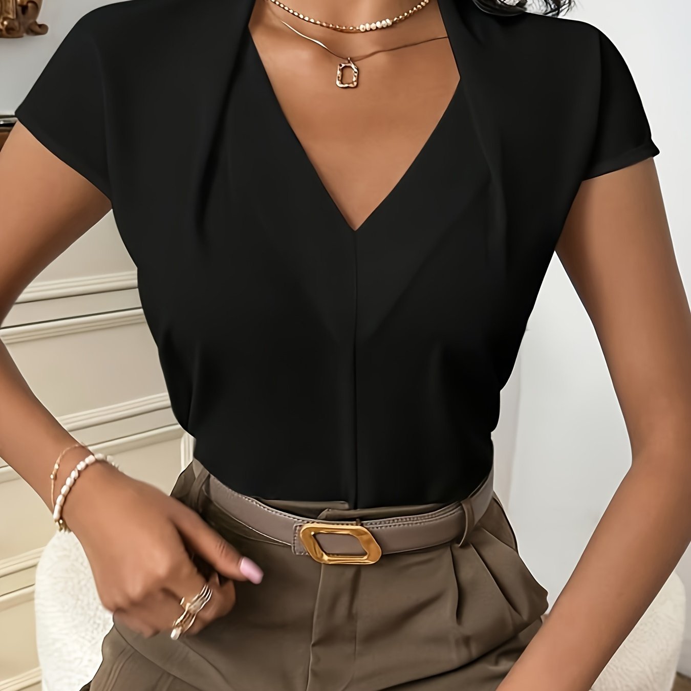 Solid V-neck Simple Blouse, Versatile Short Sleeve Blouse For Spring & Summer, Women's Clothing