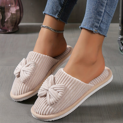 Cute Bowknot Soft Sole Fuzzy Slippers, Winter Cozy & Warm Slip On Plush Shoes, Comfy Closed Toe Home Slippers