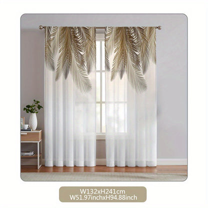 2pcs Yellow Feather Pattern Curtain, Rod Pocket Window Treatment For Bedroom Office Kitchen Living Room Study Home Decor