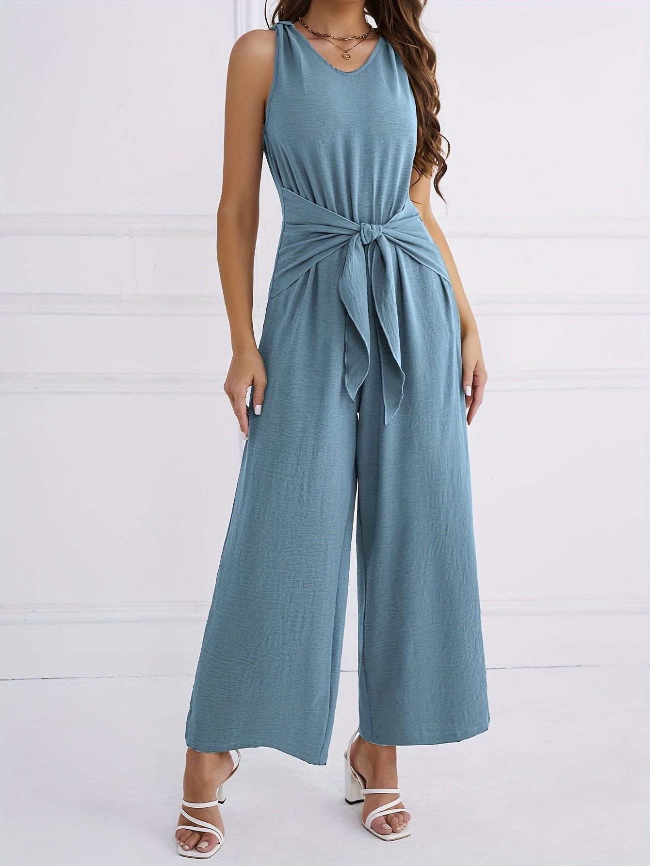 V Neck Knotted Jumpsuit, Casual Wide Leg Sleeveless Jumpsuit For Spring & Summer, Women's Clothing