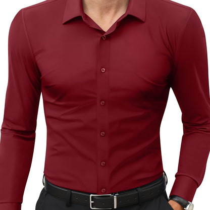 Men'S Slim Fit Long Sleeve Shirt - 55% Cotton, 40% Polyester, 5% Spandex, Solid Color, All-Season, Woven Fabric, Button-Up, Lapel Collar, Casual Weekend Wear, 125g/m²