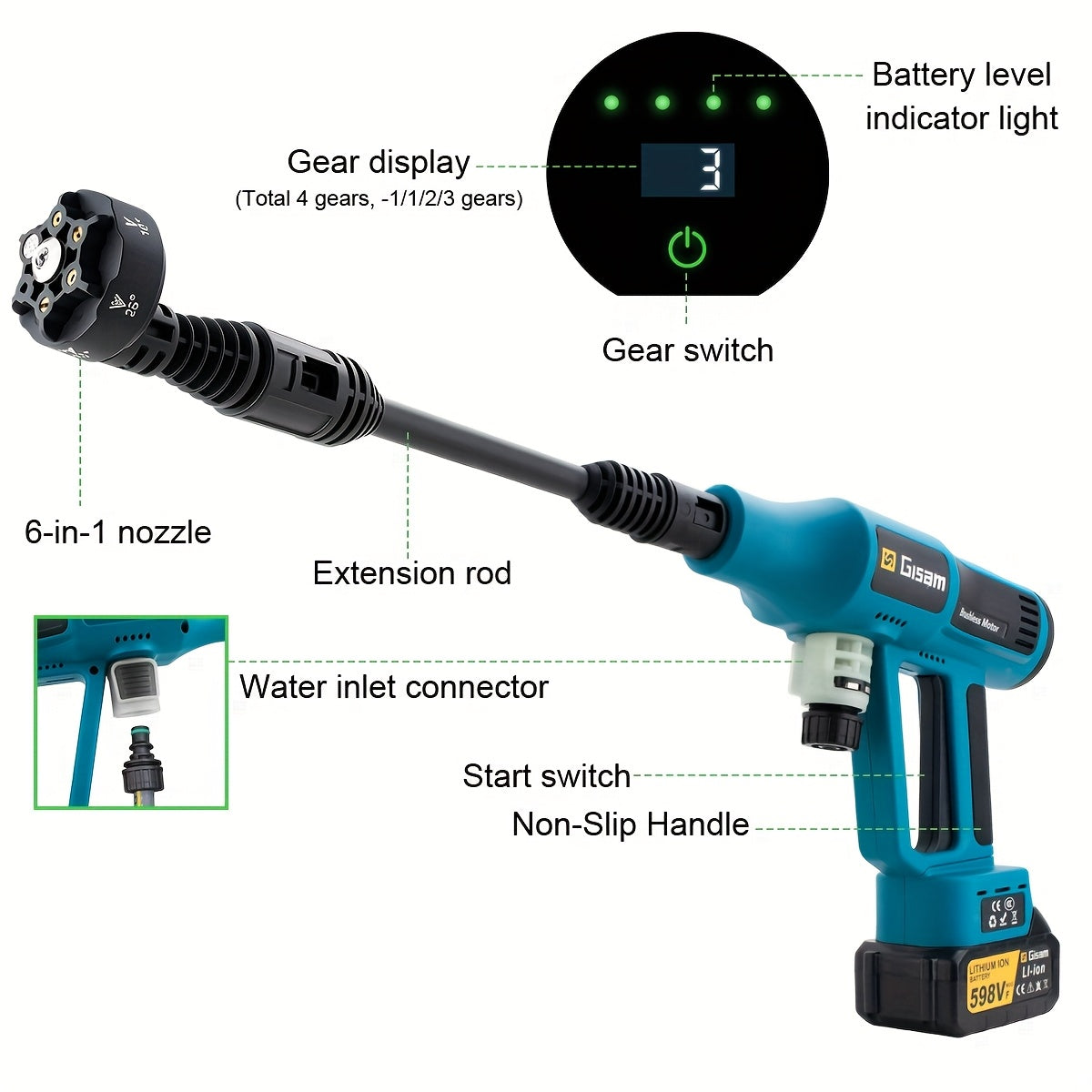 Gisam Cordless High-Pressure Car Washer Gun with Digital Touch Screen & 2 x 4000mAh - 6-in-1 Nozzles, 4-Speed Brushless Motor, Heavy-Duty Water Spray System for, Trucks, Motorcycles, Garden,, Driveway Cleaning (Portable)