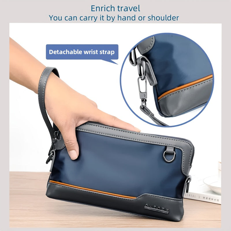 Men's Luxury Multi-Functional Handbag & Wallet in One - Dark Navy Blue/Black with Golden-Tone Hardware, Soft Silky Texture, Golden-Tone Hardware, Zipper Closure & Detachable Strap - Travel, Commute, Formal & Everyday Use - Id