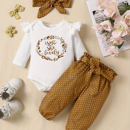 2pcs Baby Girl's Stylish Set, "Isn't She Lovely" Print Long Sleeve Onesie + Polka Dot Pants, Comfy Trendy Outfit