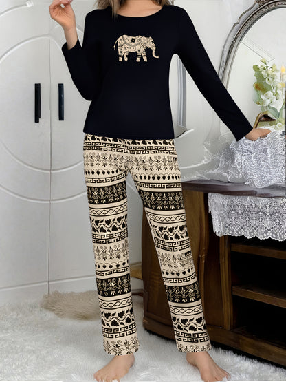 Simple Elephant Pattern Women's Pajama Set with Long Sleeves