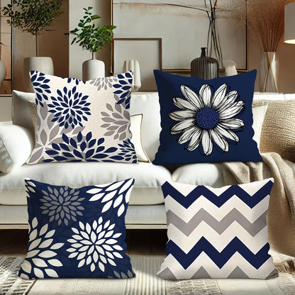 Conjunto de 4 capas de almofada modernas em veludo com estampado geométrico e floral - Azul e branco suave, fecho de correr, poliéster lavável à máquina, perfeitas para decoração de sala de estar e quarto - Inclui 2 almofadas grandes, 1 média e 1 pequena.