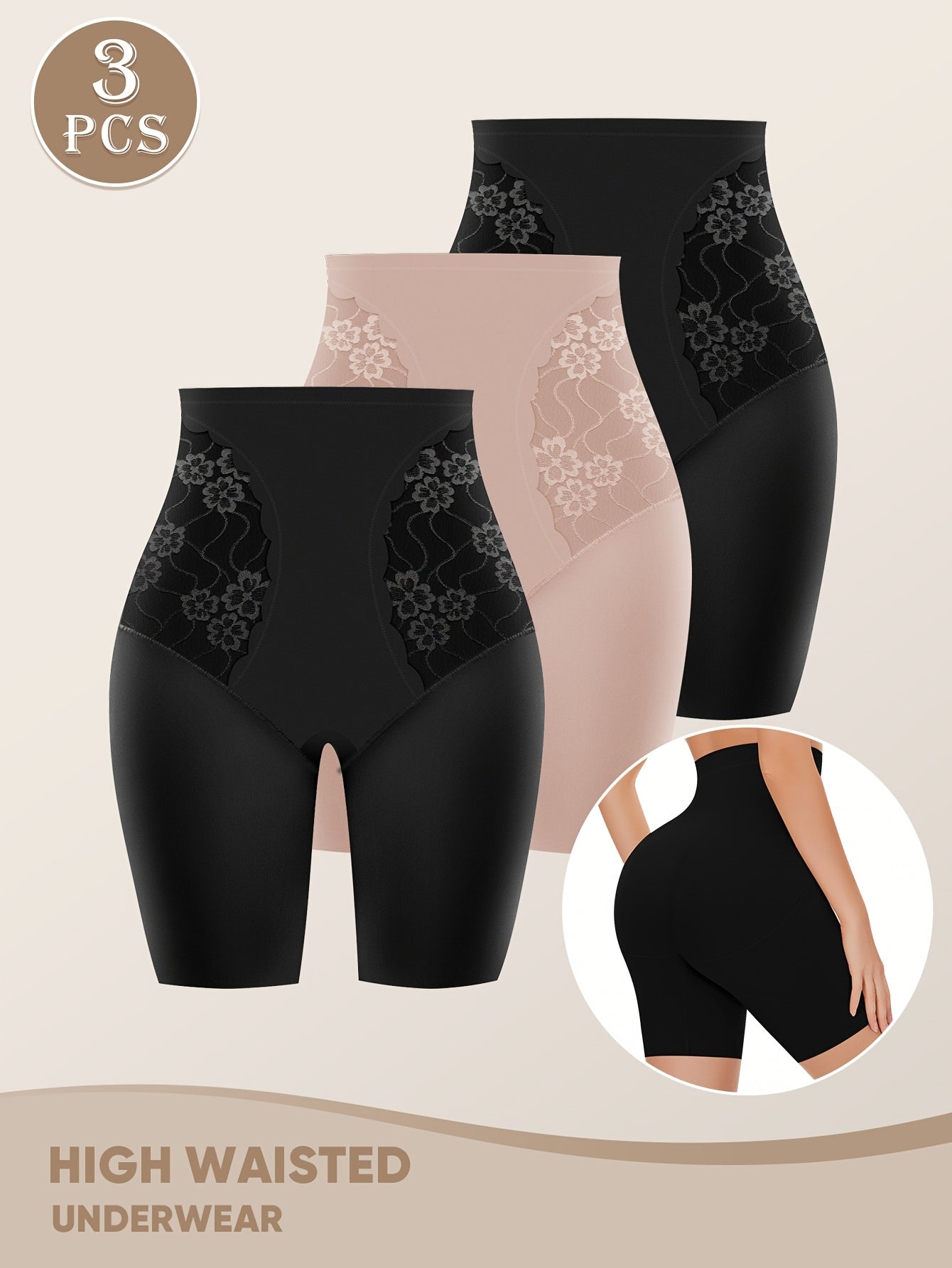 3pcs High-Waisted Tummy Control Women's Underwear, Boxer Briefs, Safety Pants with Mesh Breathable Lace Trim for Summer and Leg Shaping, Seamless Tummy Control Underwear, High Waist Panty, Panties for Women Plus Size, High Wa