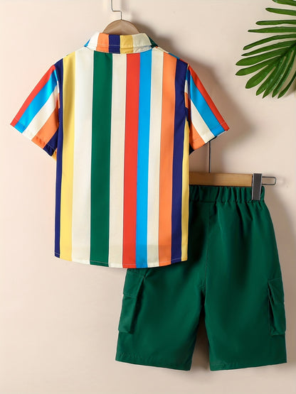 2pcs Boys Teen Casual Striped Short Sleeve Shirt & Pocket Side Shorts Set Clothes For Summer