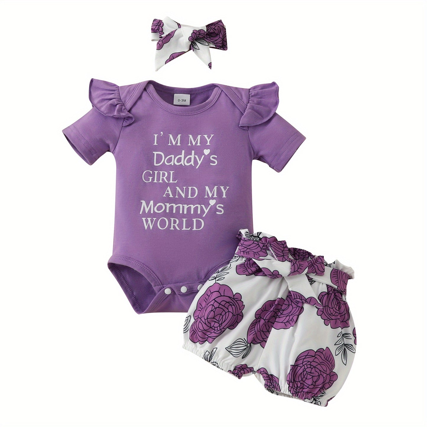 3pcs Short Sleeve & Shorts Set for Newborns - "I'm Daddy's Girl" Letter Print Pants and Headband, Mommy's World Alphabet Kids' Outfit, Perfect for Outdoor