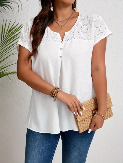 Women'S Plus Size Casual Top - Elegant Maroon Blouse with Contrast Lace Detail, Non-Stretch Fabric, Perfect for Spring/Summer/Fall, Plus Size Blouses