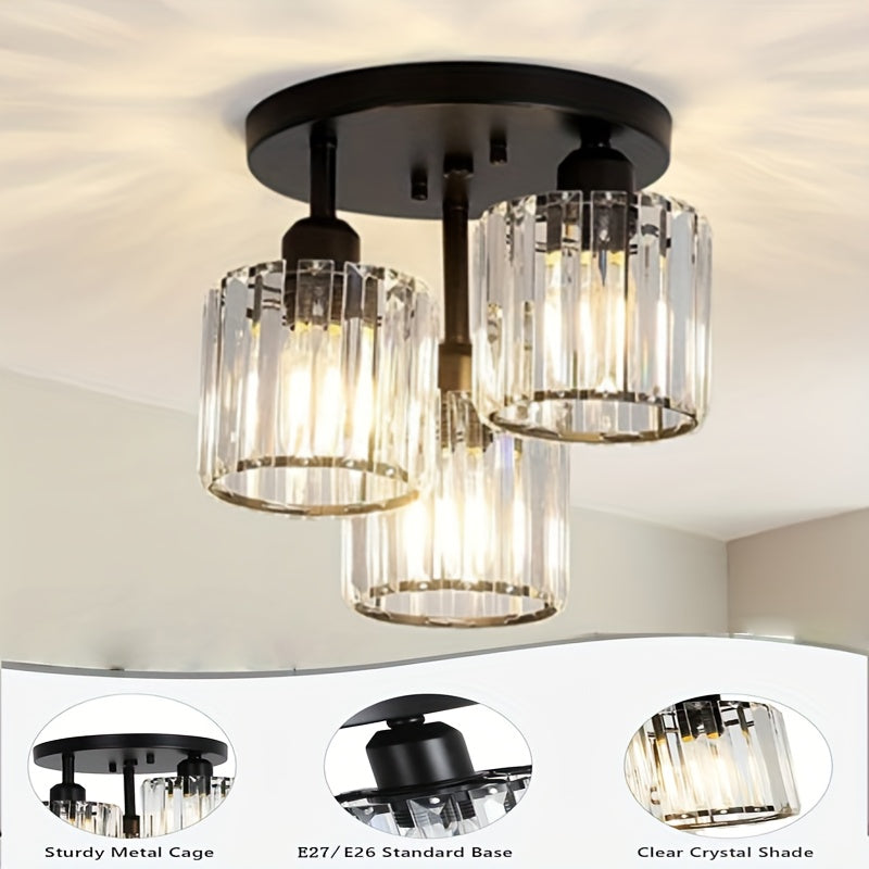 Modern 3-Light Semi-Flush Mount Crystal Chandelier - Metal Ceiling Light Fixture with Glass Shades for Dining Room, Foyer, Hallway, Kitchen Island, Office - E27 Bulb Base, Hardwired (Bulbs Not Included)
