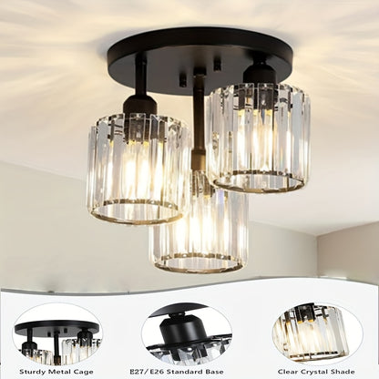 Modern 3-Light Semi-Flush Mount Crystal Chandelier - Metal Ceiling Light Fixture with Glass Shades for Dining Room, Foyer, Hallway, Kitchen Island, Office - E27 Bulb Base, Hardwired (Bulbs Not Included)