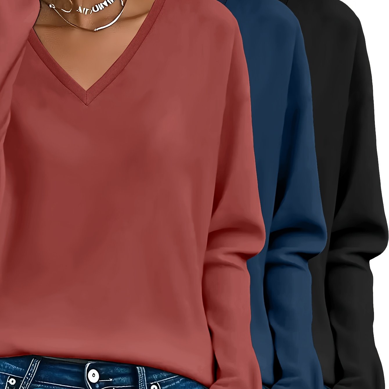 3pcs Women'S 100% V-Neck Long Sleeve T-Shirts - Soft, Durable, and Comfortable Casual Wear for All Seasons, Perfect for Holidays, Graduations, and Everyday Style, Everyday Comfort Wear | Minimalist Style | Soft Fabric Tee